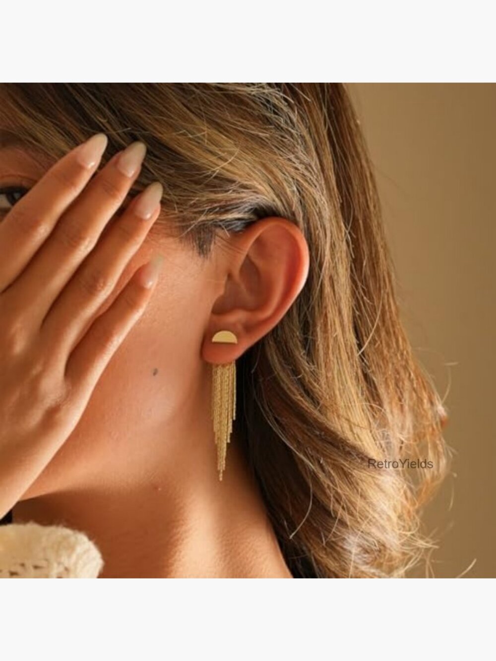 14K Gold Plated Tassel Dangle Earrings Hypoallergenic Fade Resistant - Picture 3 of 7